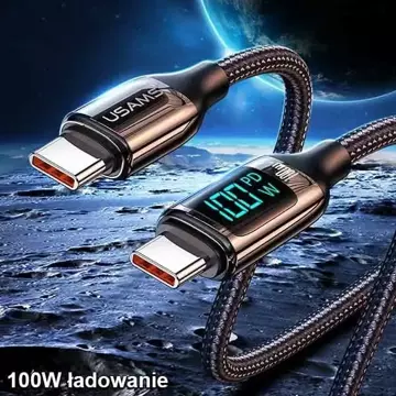 USAMS Плетений кабель U78 USB-C до USB-C LED 2 м 100 Вт Швидкий чорний/чорний SJ558USB01 (US Charging-SJ558)