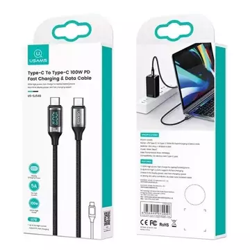 USAMS Плетений кабель U78 USB-C до USB-C LED 3 м 100 Вт Швидкий чорний/чорний SJ559USB01 (US Charging-SJ559)