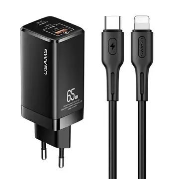 USAMS Wall Charger MT 2xUSB-C USB GaN 65W T33 PD USB-C-Lightning 30W Fast Charging кабель чорний/чорний MTXLOGTL01