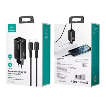 USAMS Wall Charger MT 2xUSB-C USB GaN 65W T33 PD USB-C-Lightning 30W Fast Charging кабель чорний/чорний MTXLOGTL01